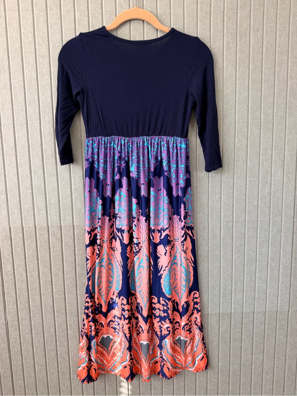 Vintage Girls Navy Midi Dress with Coral and Purple Print